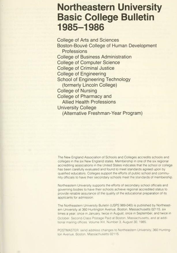Parchment colored title page of the 1985-1986 Basic College Bulletin